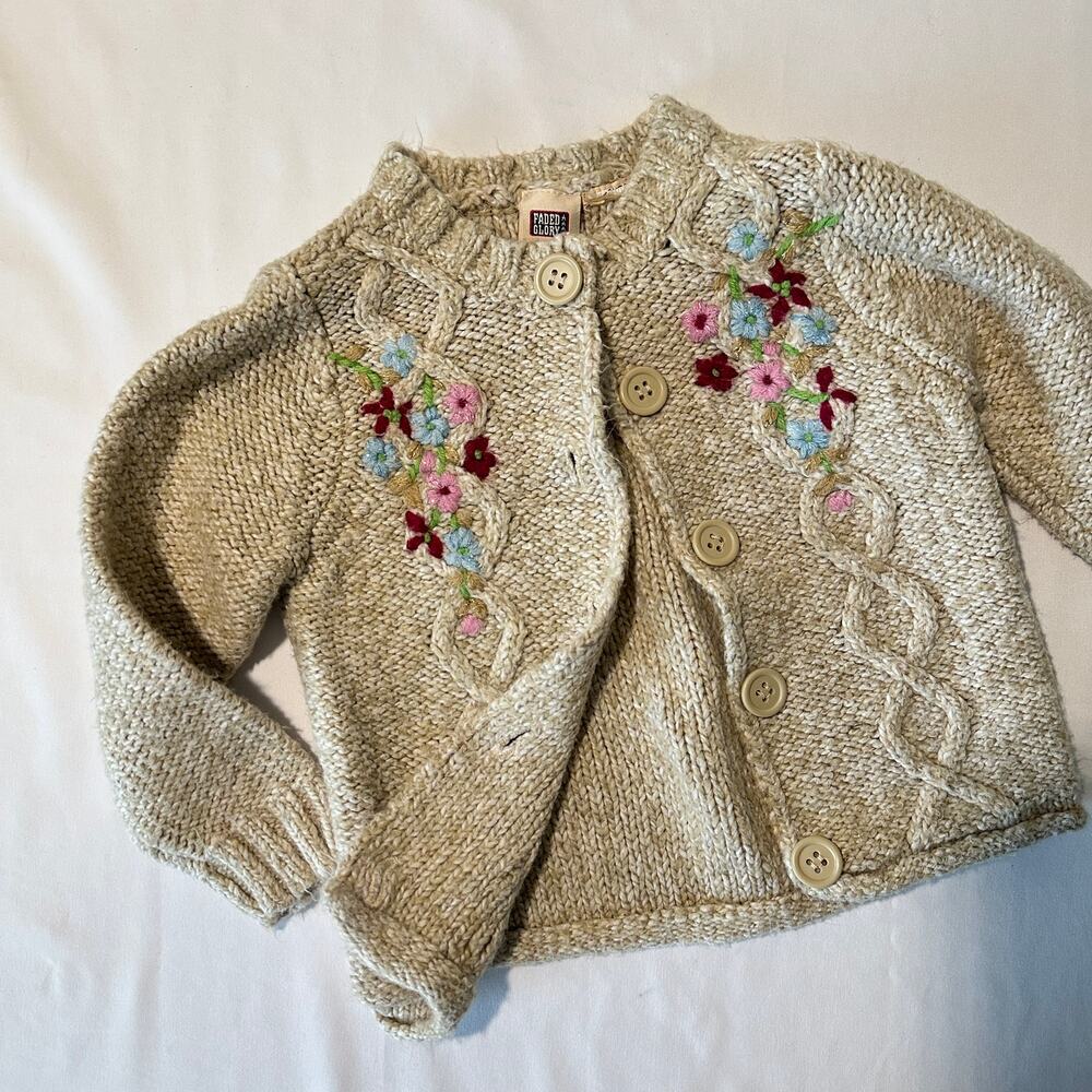 Vintage 2000s Y2K Faded Glory Floral Embroidered Tan Knit Cardigan Sweater 24mo